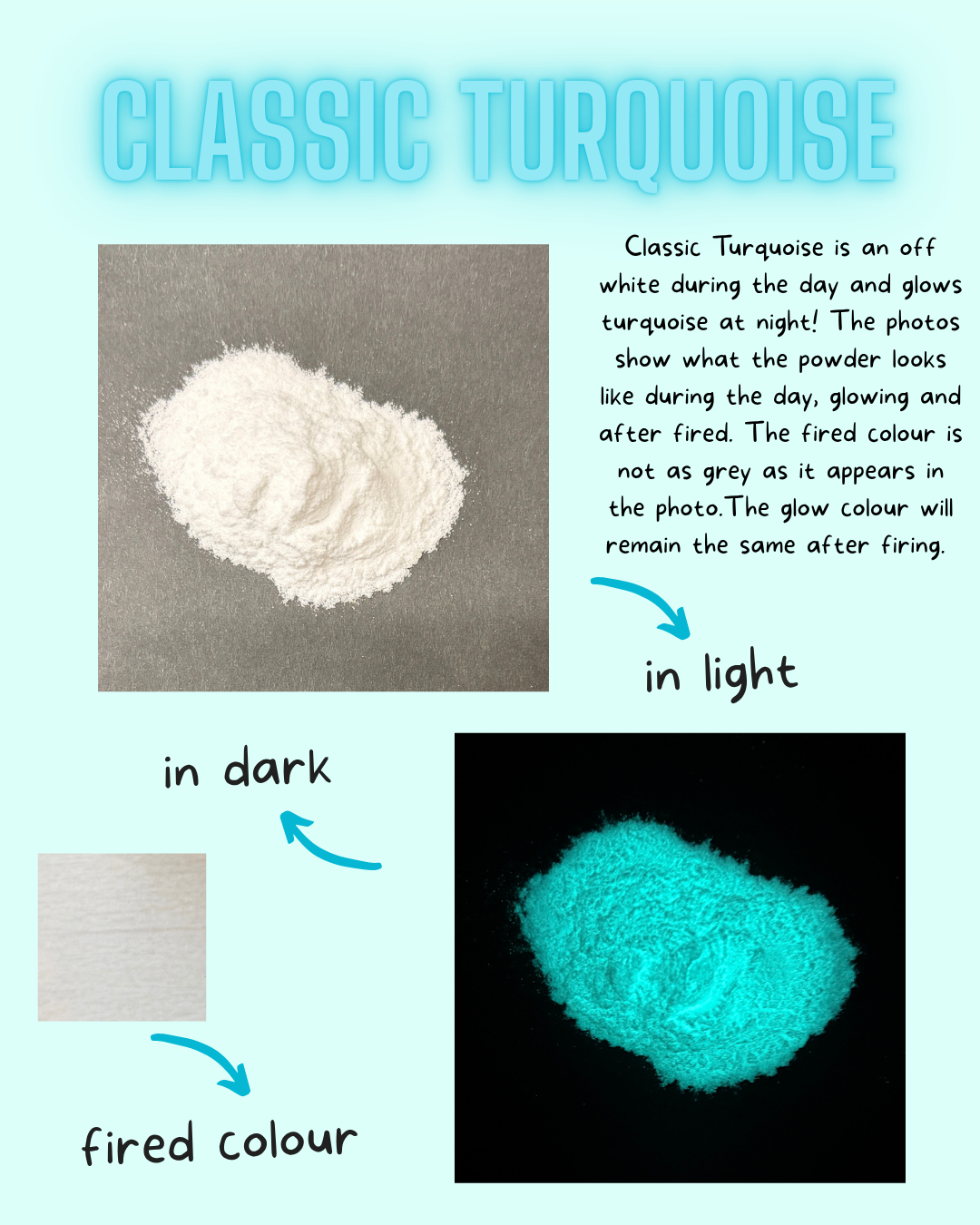 Classic Turquoise powder shown in daylight and glowing under black light