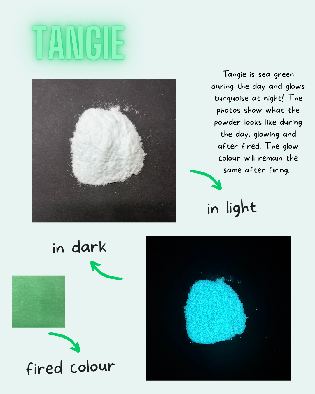 Tangie powder shown in daylight and glowing under black light