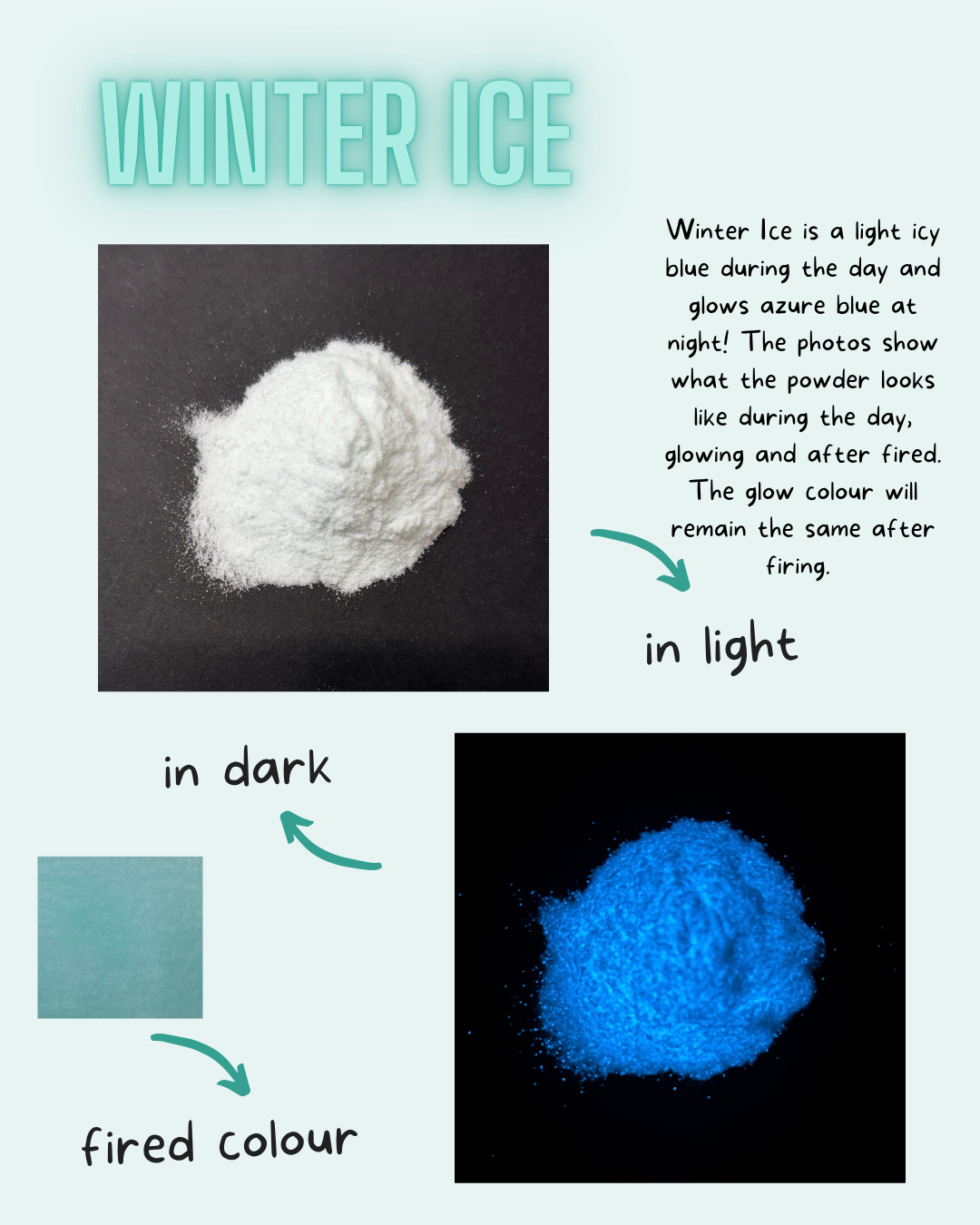 Winter Ice powder shown in daylight and glowing under black light