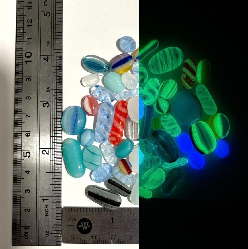 COE 90/ Glow in the Dark Dots/ fired murrini shapes/Mix of Different colour rainbow Glass Dots/ mosaic /ovals and blobs