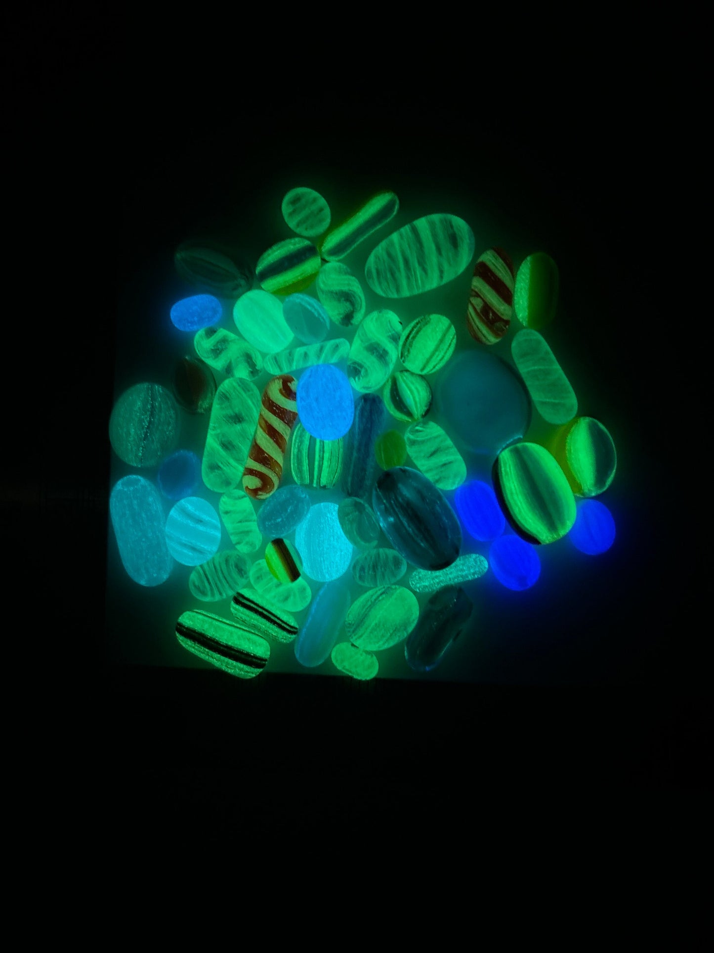 COE 90/ Glow in the Dark Dots/ fired murrini shapes/Mix of Different colour rainbow Glass Dots/ mosaic /ovals and blobs