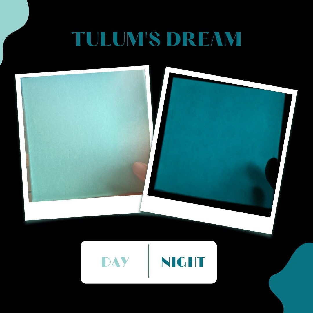 COE 90/ Tulum's Dream Aqua with Turquoise Glow in the Dark sheet glass/ AQUA during day and glows Turquoise at night!