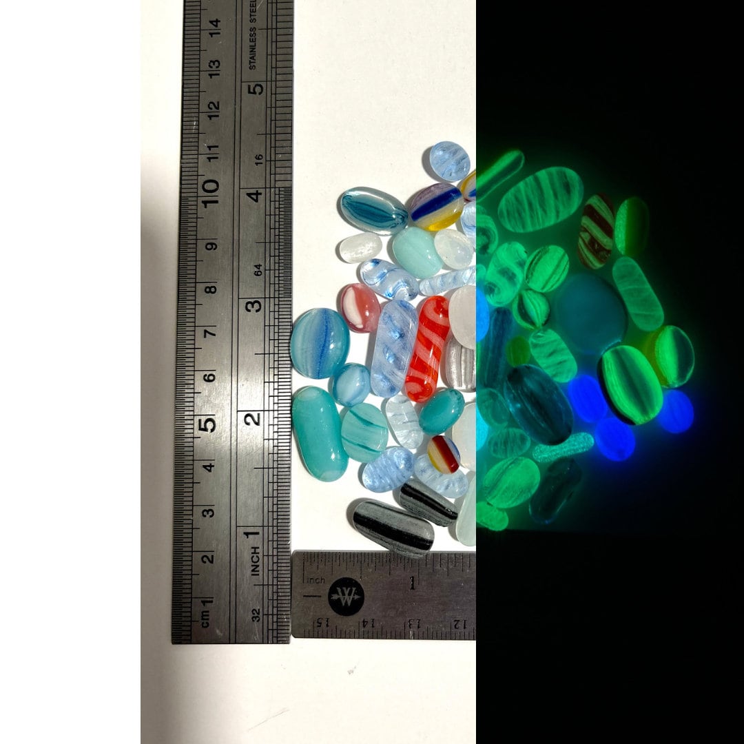 COE 90/ Glow in the Dark Dots/ fired murrini shapes/Mix of Different colour rainbow Glass Dots/ mosaic /ovals and blobs