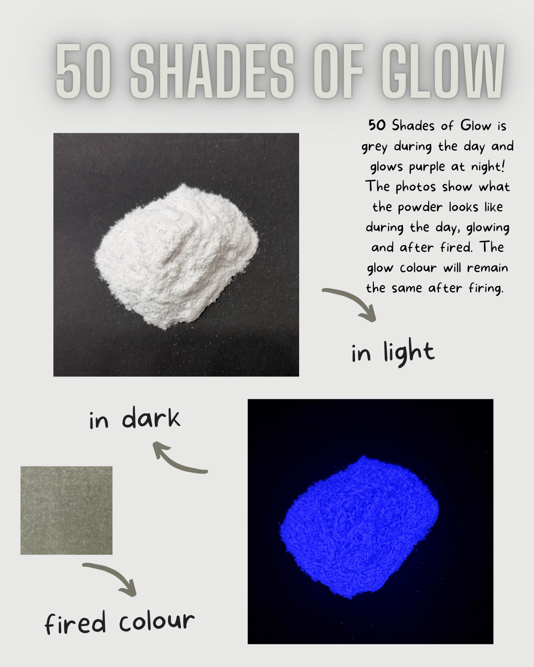 50 Shades of Glow powder shown in daylight and glowing under black light
