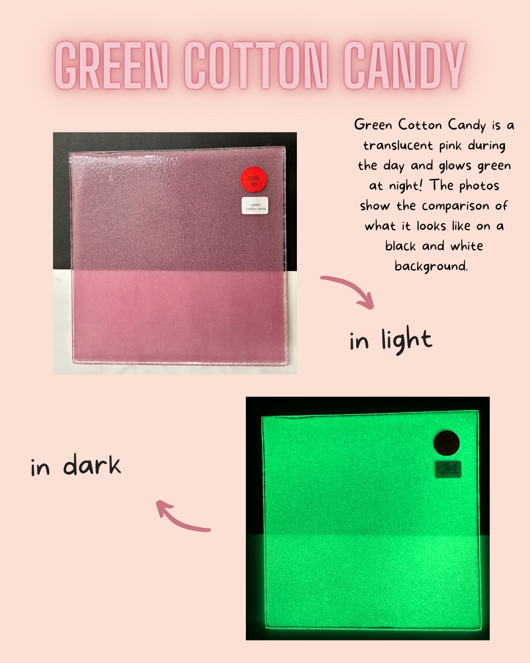 Green Cotton Candy shown pink in daylight and glowing green 
under black light
