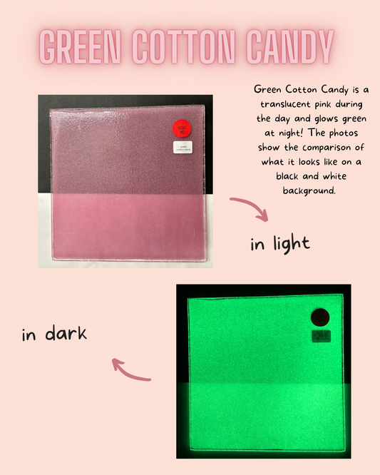Green Cotton Candy shown pink in daylight and glowing green 
under black light
