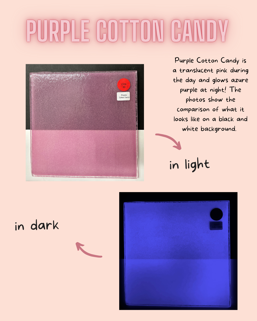 Purple Cotton Candy shown pink in daylight and glowing purple 
under black light 