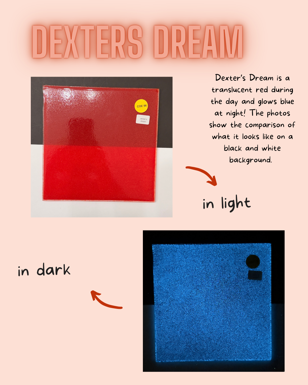 Product display with red and blue color swatches labeled 'in light' and 'in dark', featuring text about 'Dexter's Dream'.