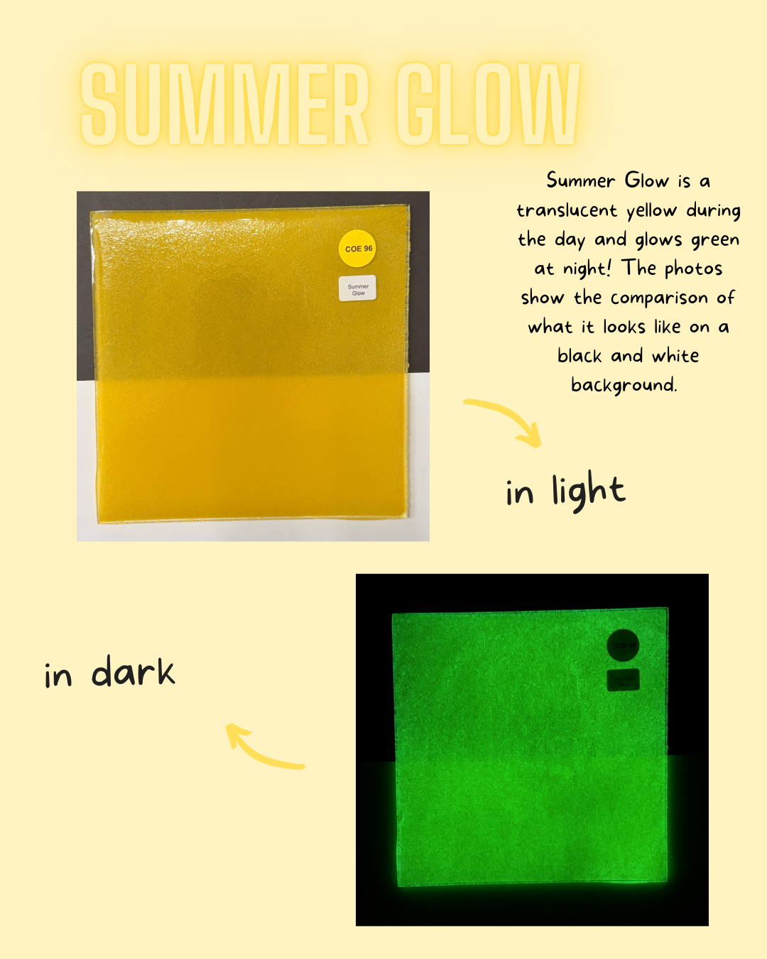 COE 96  / Green  Glow in the Dark sheet glass/ Yellow during the day, green glow at night/ Summer Glow