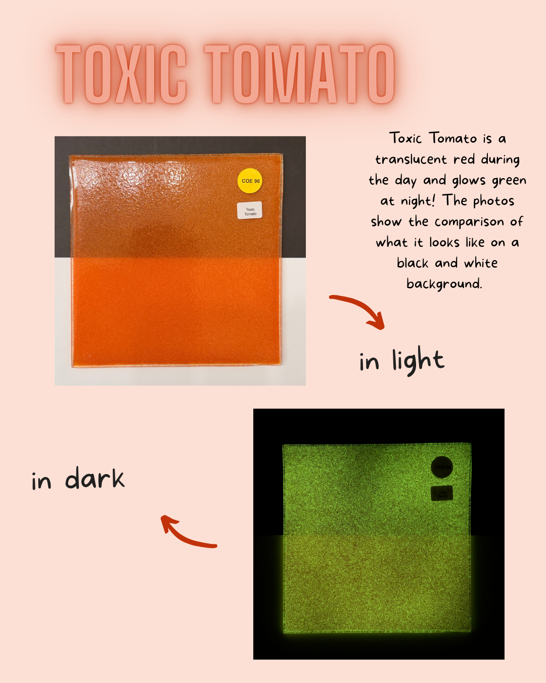 COE 96/  Toxic Tomato - Red during the day and glows Green in the Dark sheet glass