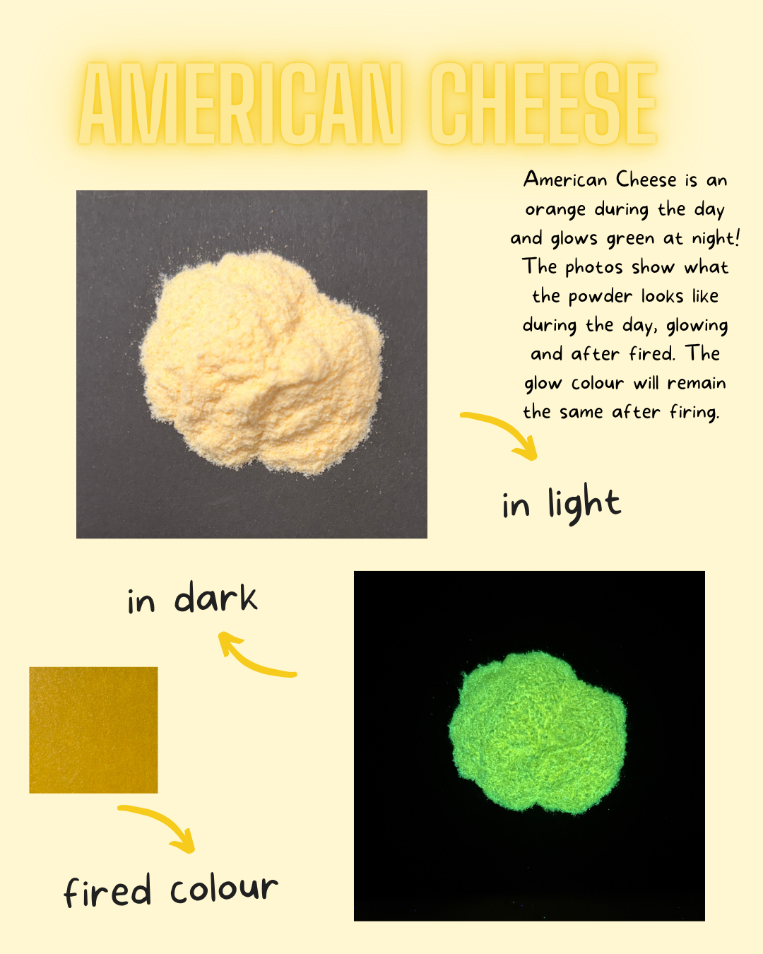 American cheese powder shown during the day and glowing green at night 