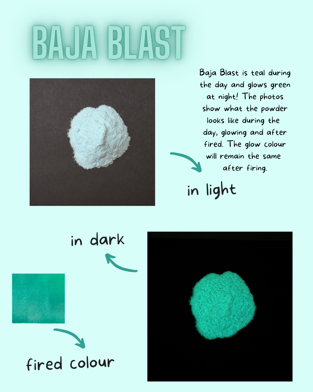 Teal powder labeled 'Baja Blast' showing color changes in light and dark environments.