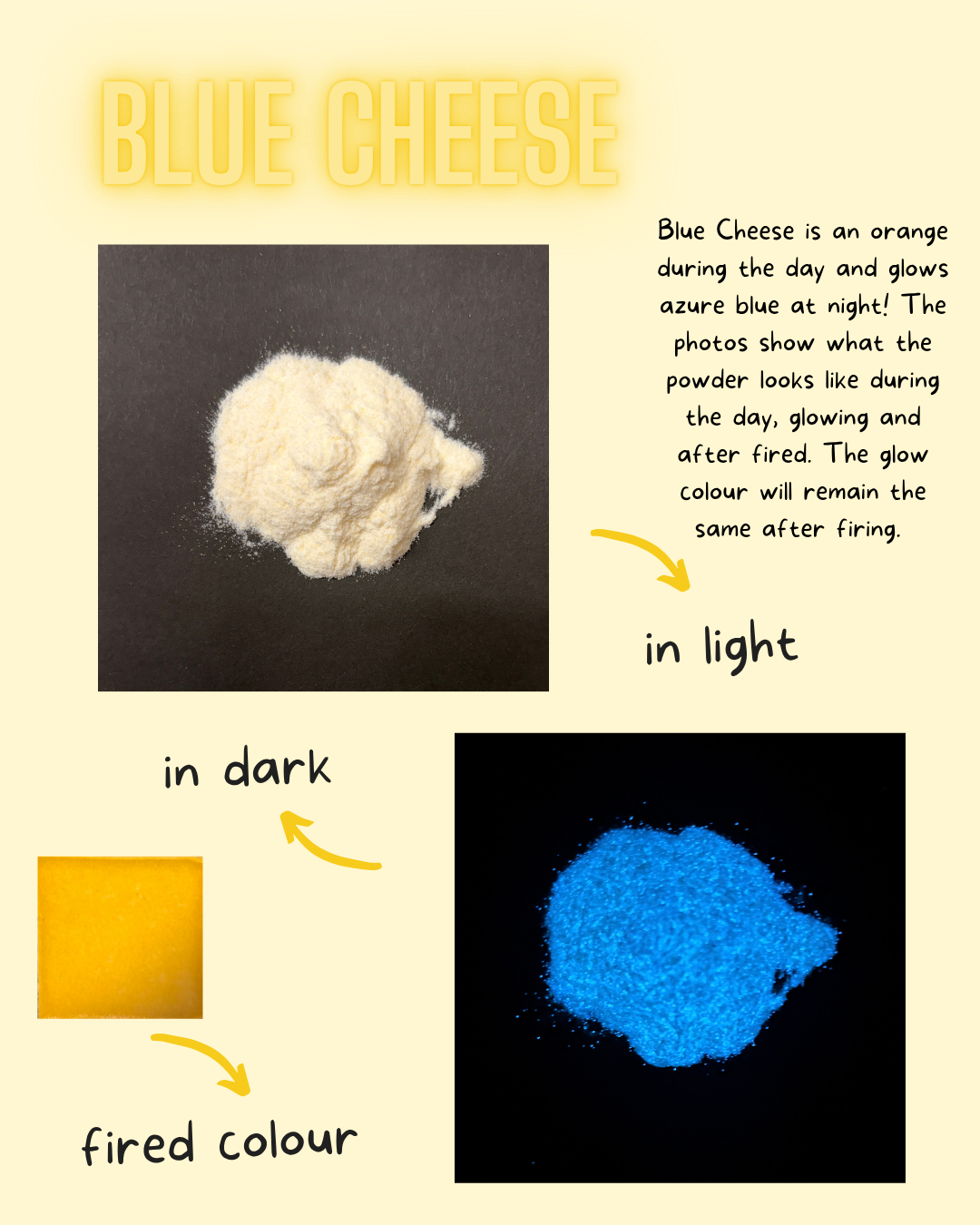 Blue cheese powder shown in daylight and glowing blue at night 