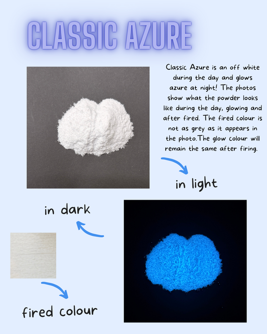 Classic Azure powder shown in daylight and glowing under black light
