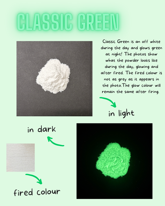 Classic Green powder shown in daylight and glowing under black light
