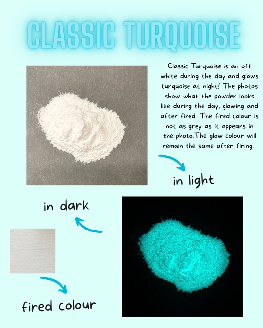 Classic Turquoise powder shown in daylight and glowing under black light
