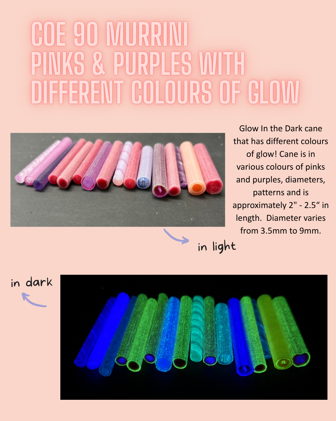 pink & purple murrini with different colours of  glow
