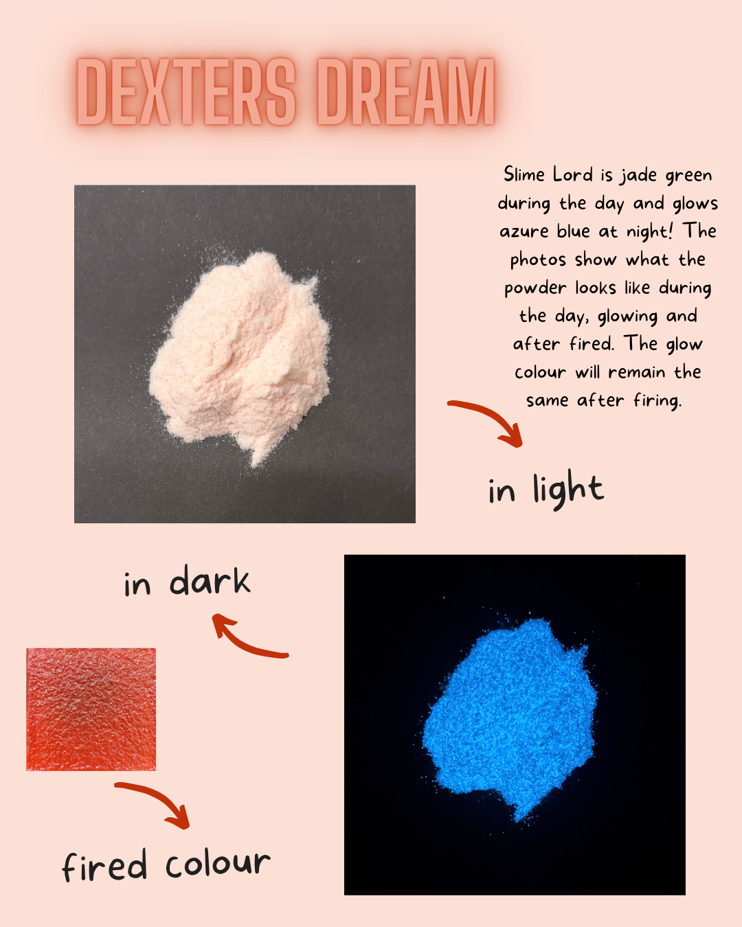 images of red powder in daylight and glowing blue at night