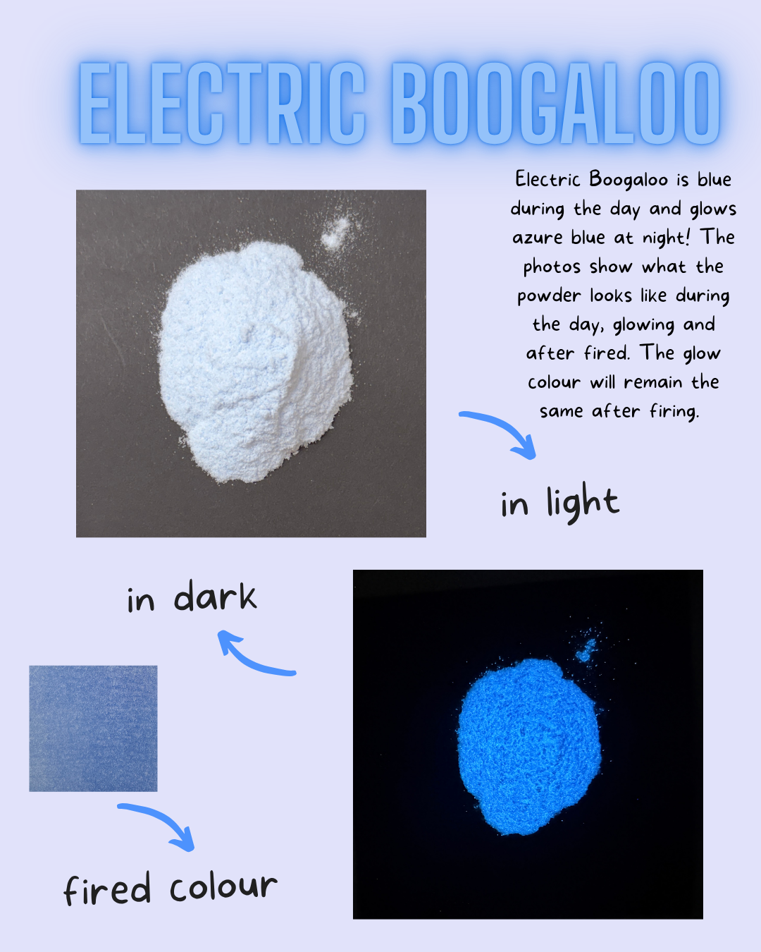 Electric Boogaloo powder shown in daylight and glowing in the dark