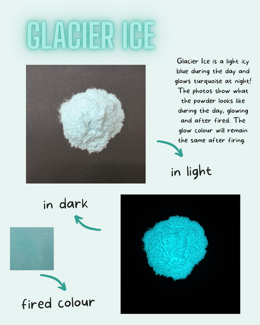 Glacier Ice powder shown in daylight and glowing under black light
