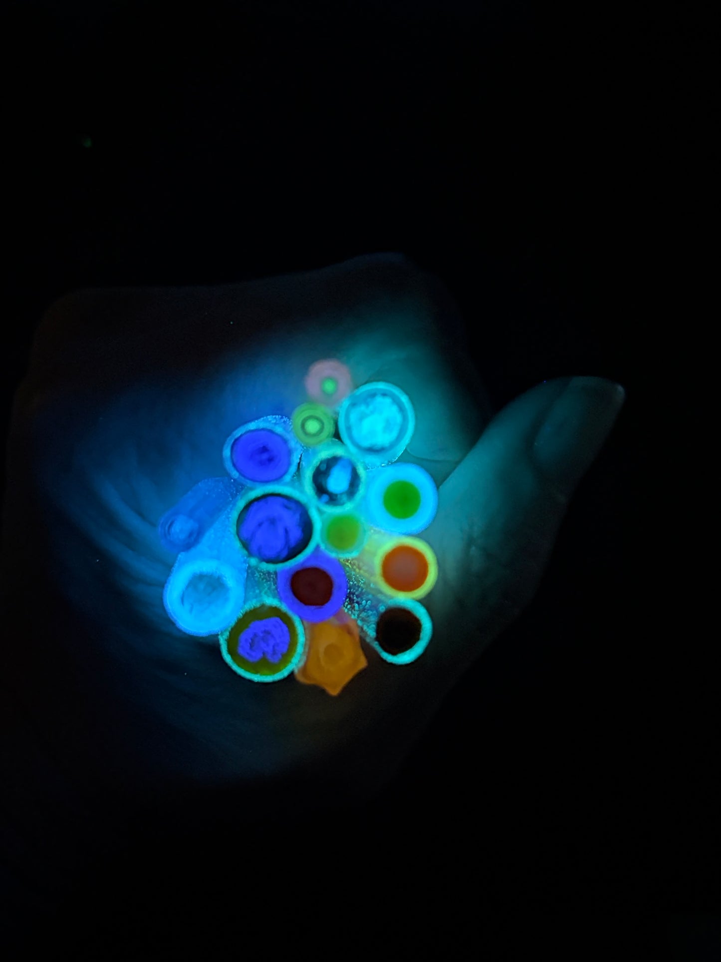 Cane in a rainbow of colours that glows different colours at night