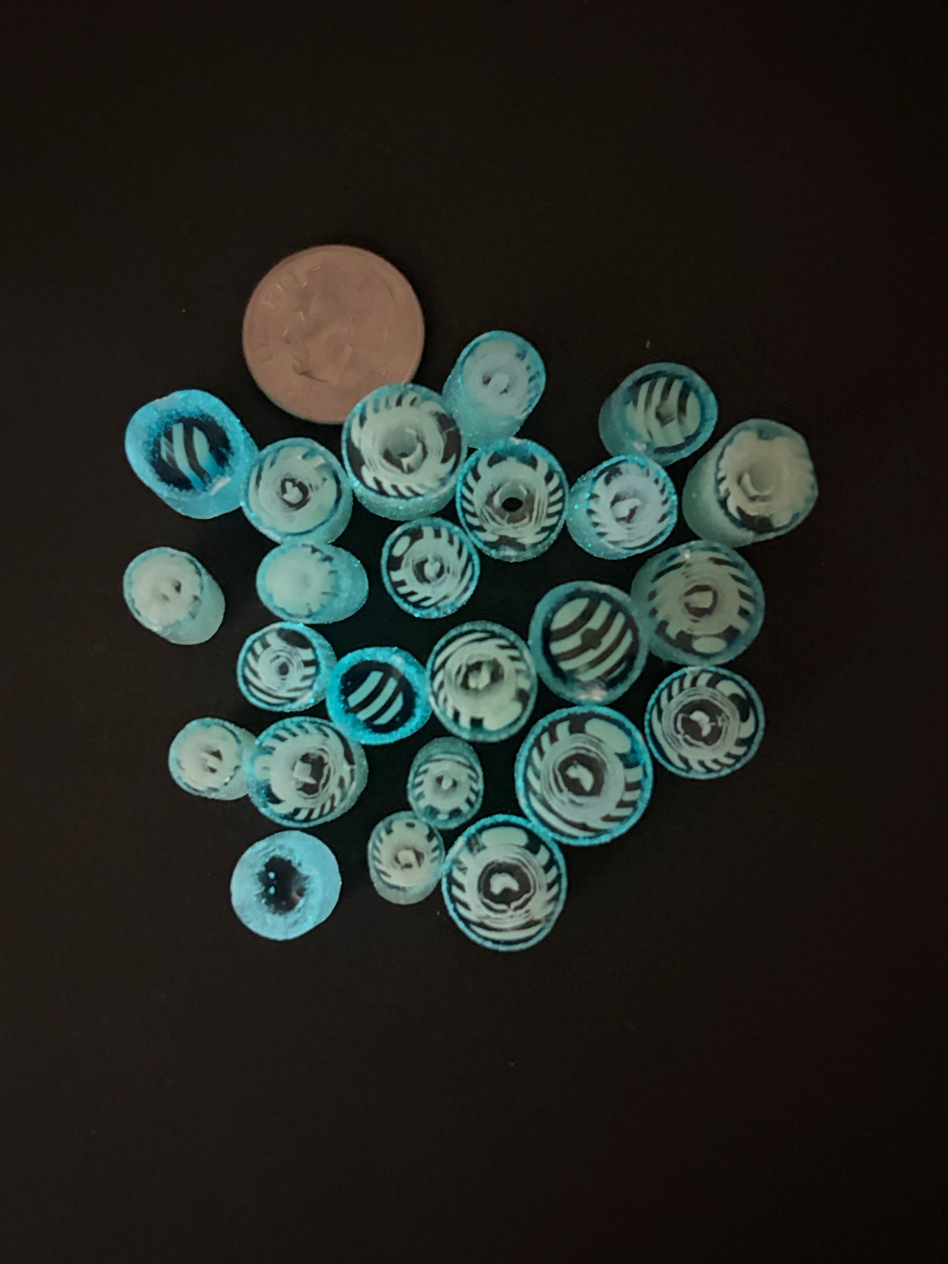 light opaque blue, transparent blue with hints of pale yellow murrini with turquoise and white  glow