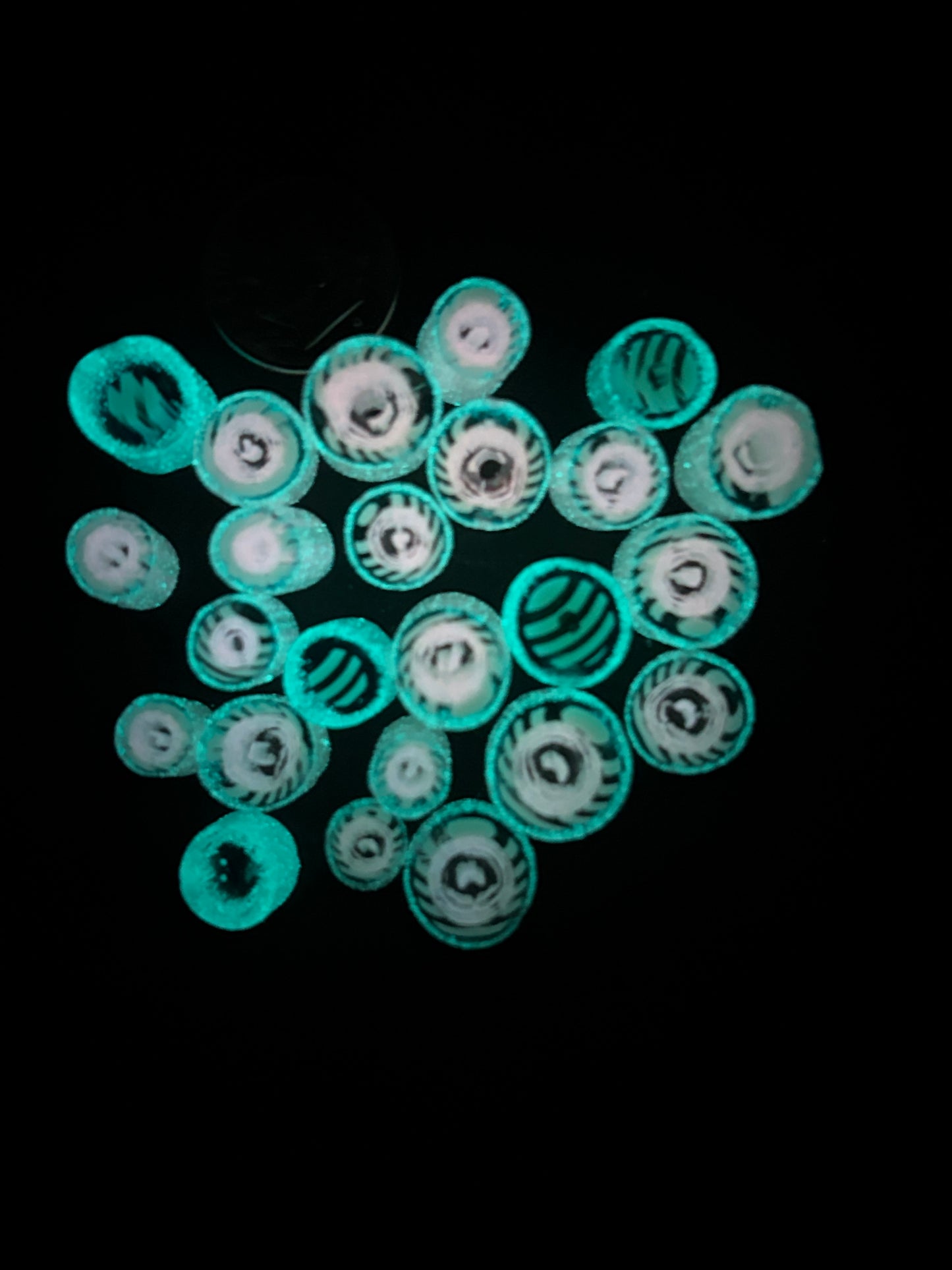 light opaque blue, transparent blue with hints of pale yellow murrini with turquoise and white  glow