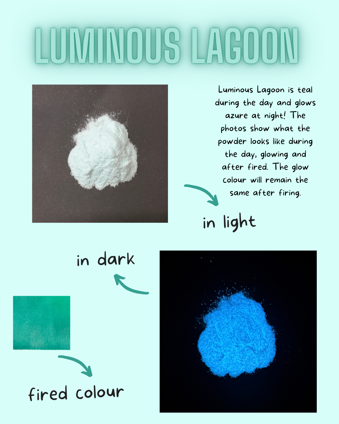 Luminous Lagoon powder shown in daylight and glowing in the dark 