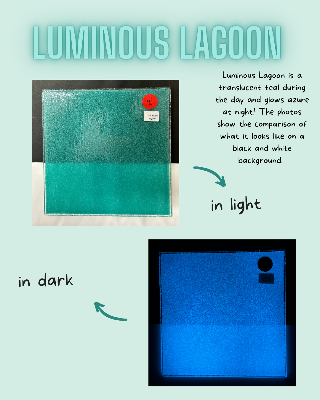 Luminous Lagoon  product showing color difference between light and dark conditions 