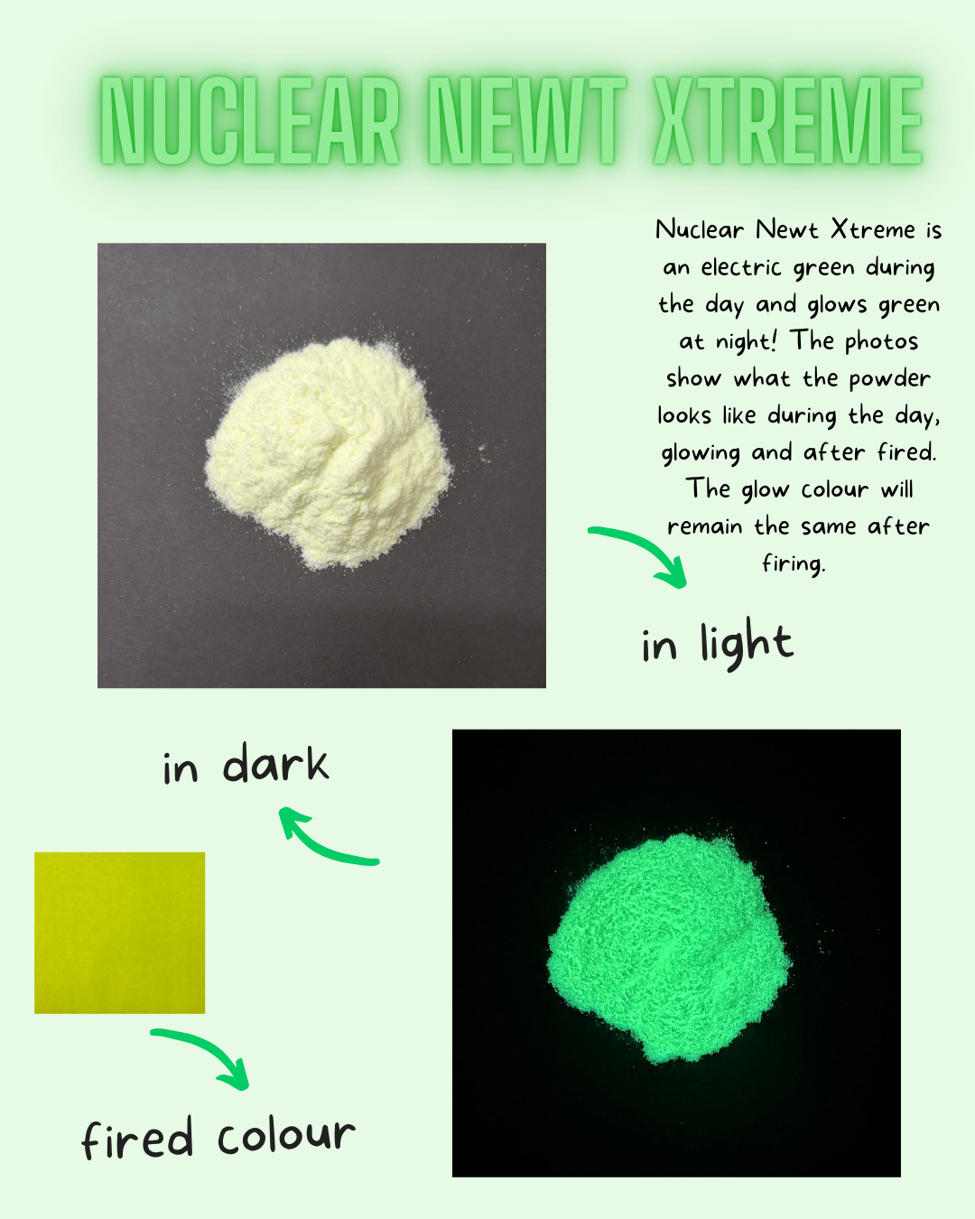 Nuclear Newt Xtreme powder shown during the day and glowing at night 