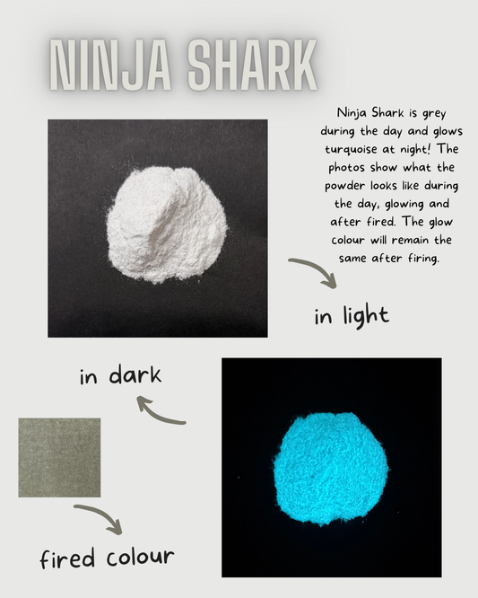 Ninja Shark powder shown in daylight and glowing under black light
