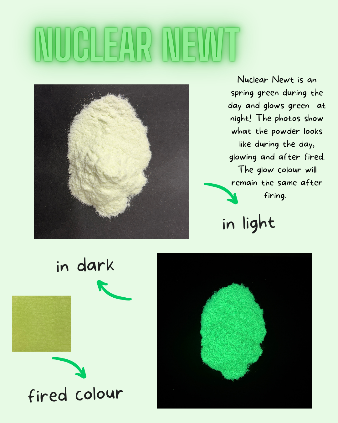 Nuclear Newt powder shown during the day and glowing at night