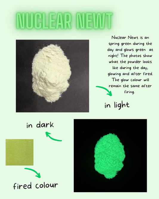 Nuclear Newt powder shown during the day and glowing at night