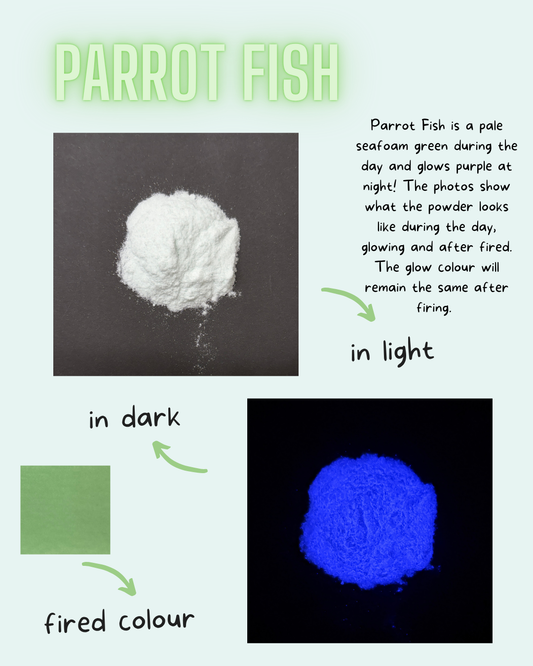 Parrot fish powder shown in daylight and glowing under black light
