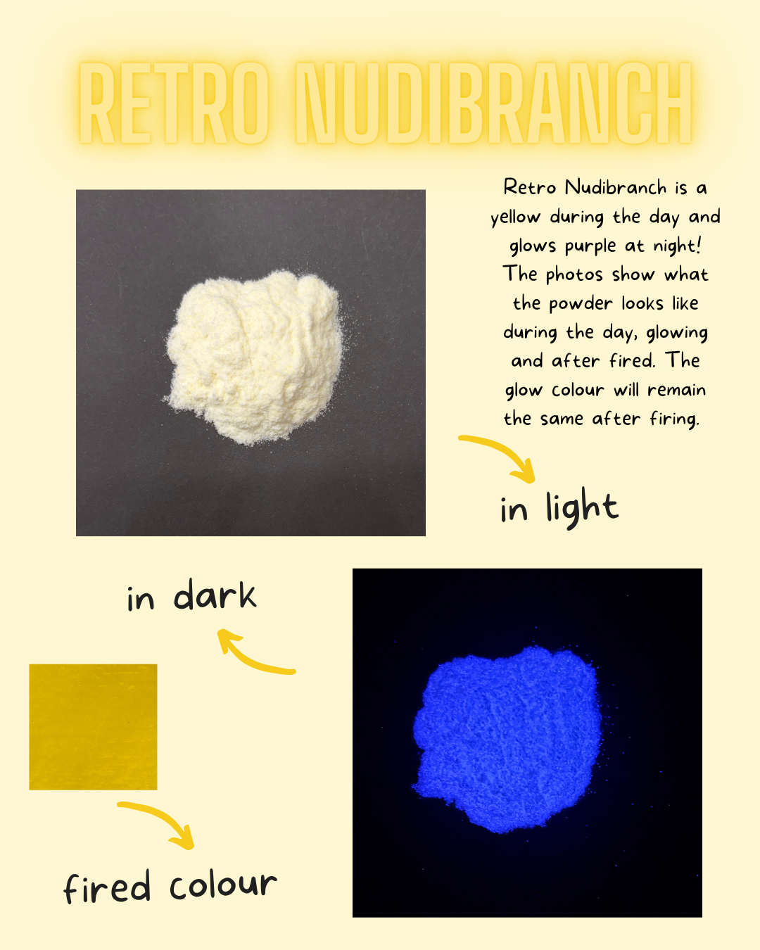 Retro Nudibranch powder shown in daylight and glowing under black light
