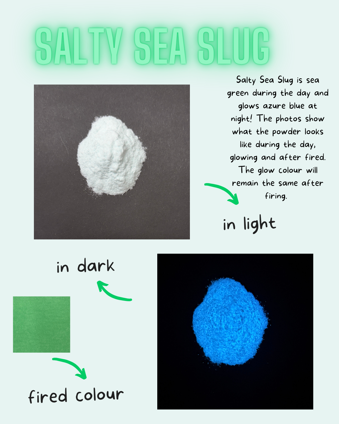 Salty Sea Slug powder shown in daylight and glowing under black light