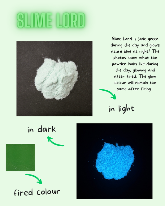 Slime Lord powder shown in daylight and glowing under black light
