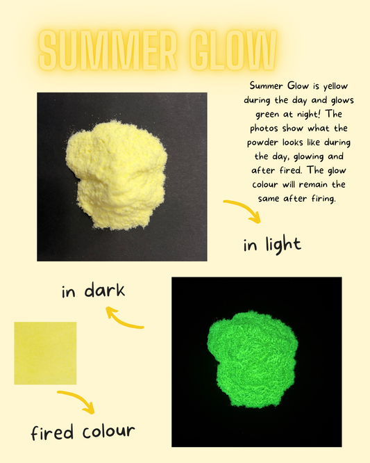 Illustration of 'Summer Glow' powder showing yellow during the day and green at night.