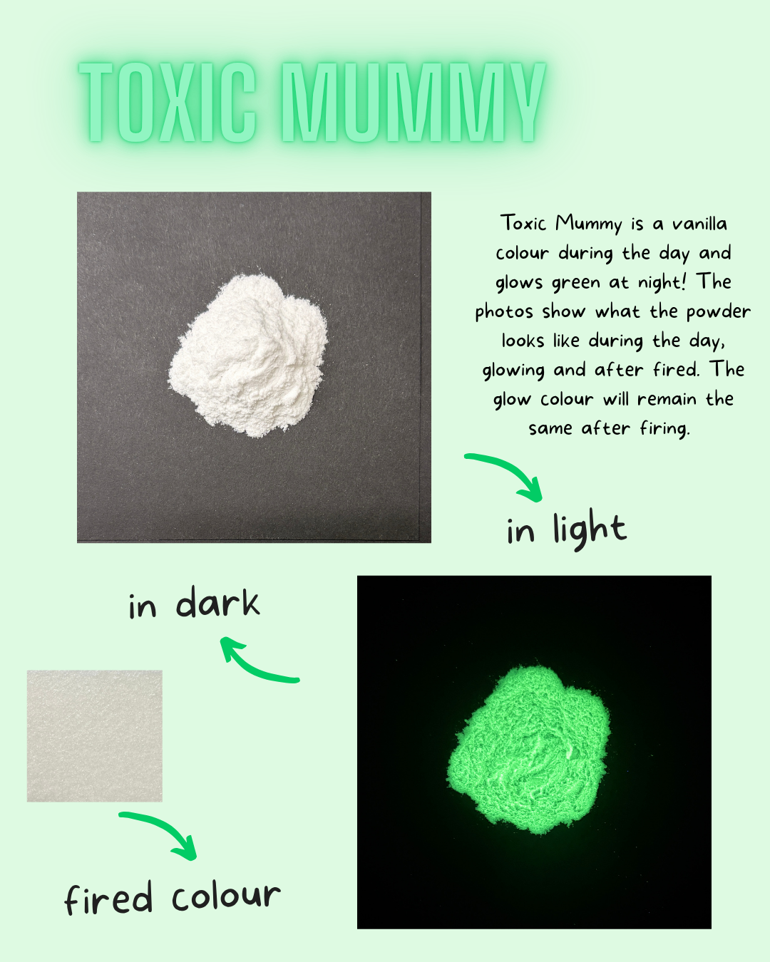 Toxic Mummy powder shown in daylight and glowing under black light

