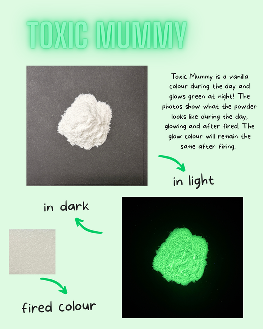 Toxic Mummy powder shown in daylight and glowing under black light
