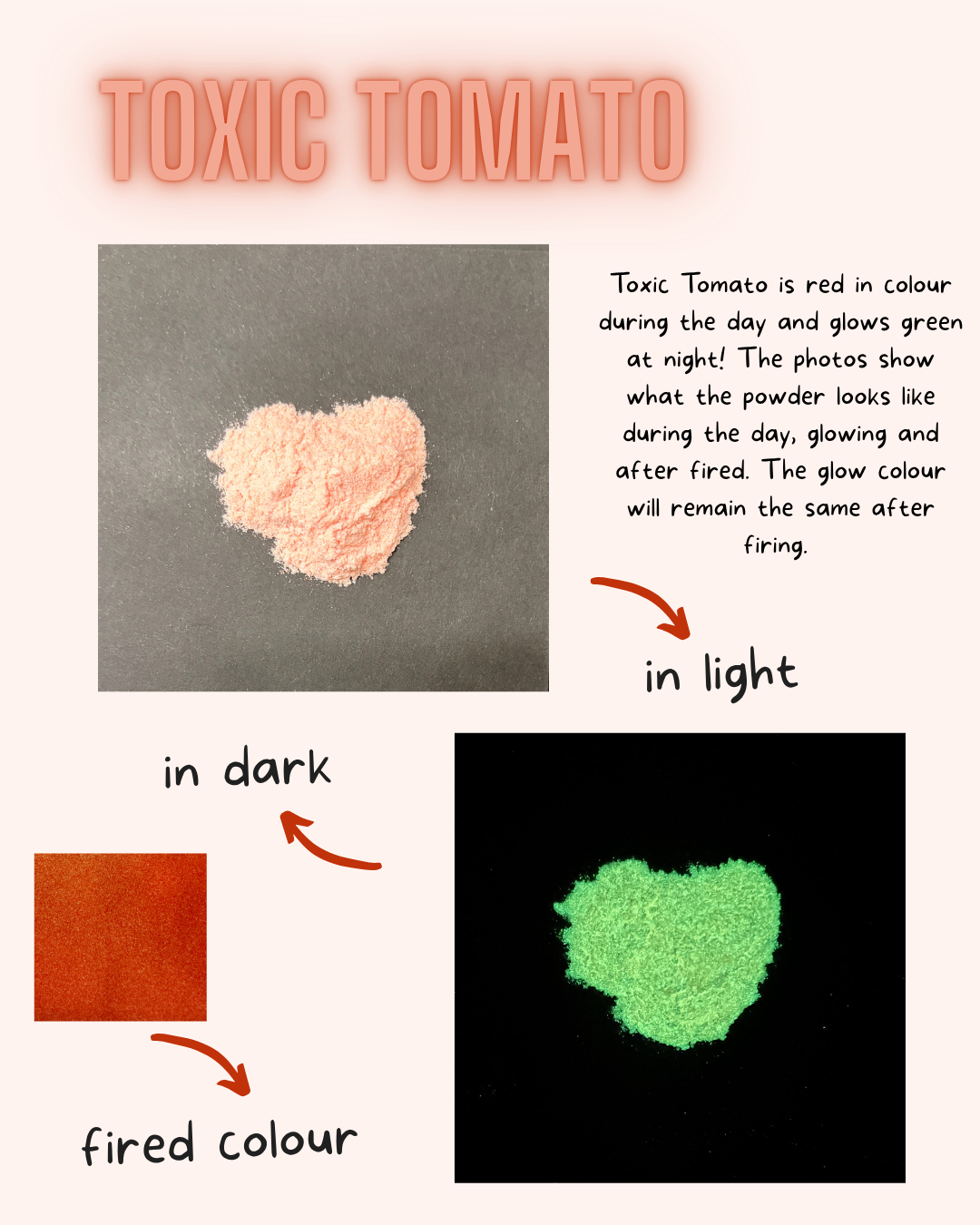 Toxic Tomato powder shown in daylight and glowing under black light