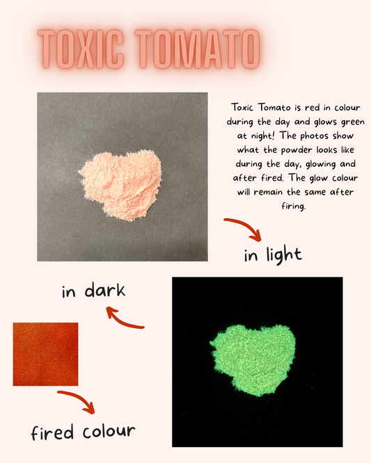 Toxic Tomato powder shown in daylight and glowing under black light