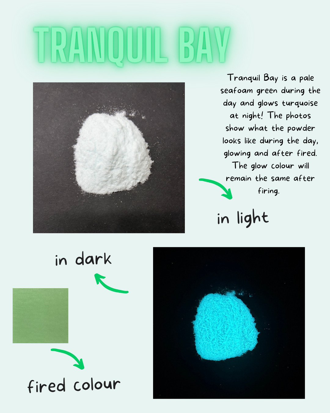 Tranquil Bay powder shown in daylight and glowing under black light
