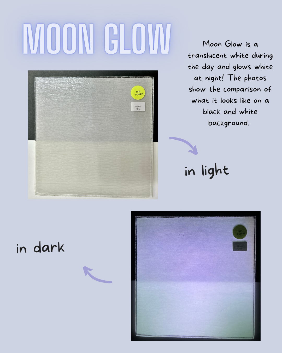 Comparison of 'Moon Glow' material in light and dark conditions on a black background.