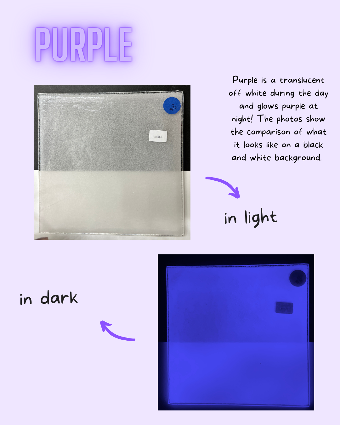 Purple sheet glass with light and dark examples