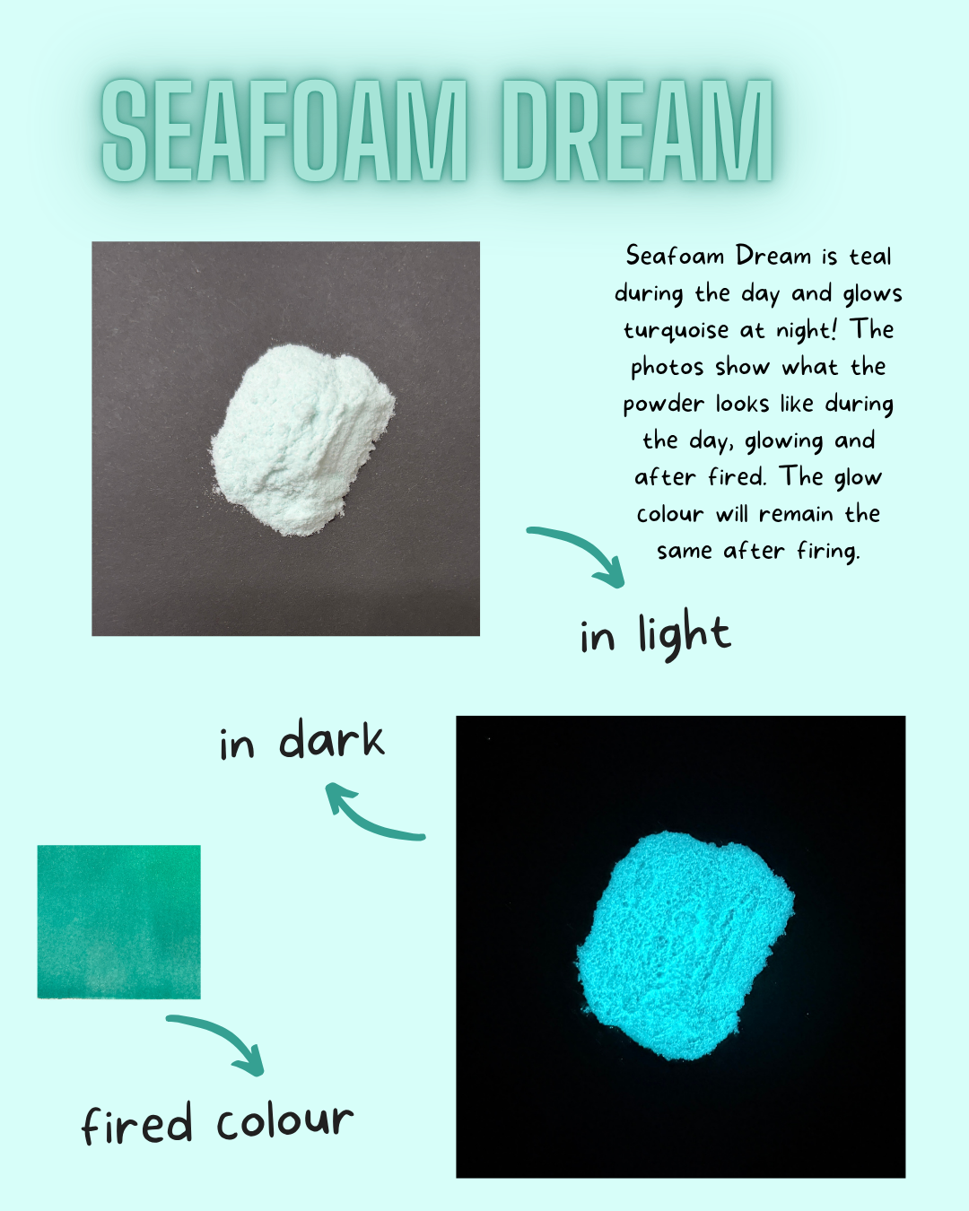Seafoam Dreampowder shown in daylight and glowing under black light
