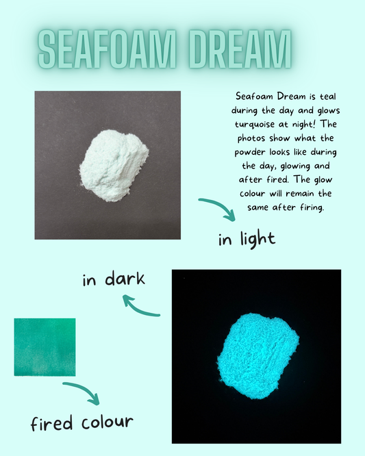 Seafoam Dreampowder shown in daylight and glowing under black light
