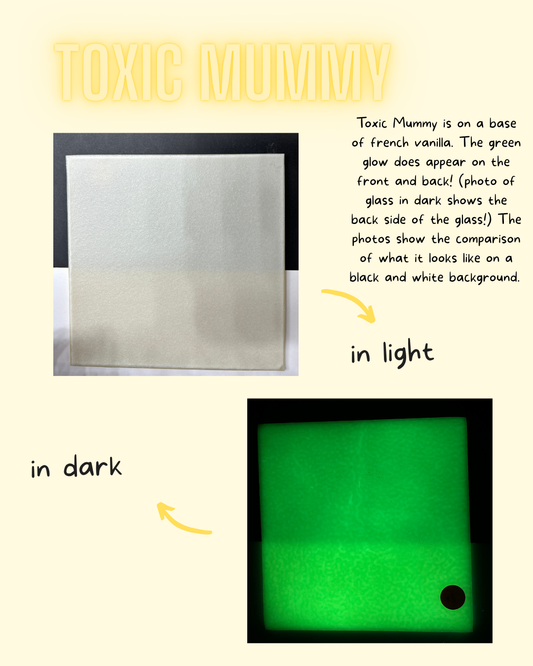 Toxic Mummy sheet glass showing color difference between light and dark conditions 