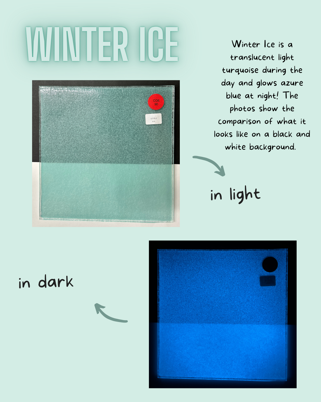 Sheet glass labeled 'Winter Ice' with a comparison of color in light and dark conditions